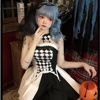 Jauns Seksīgs Gotu Halloween Strapless Kleitas Cirka Izrāde Apģērbu Klauns Kostīms, Melns Un Balts Tīkla Cosplay Kostīmi Komplekts