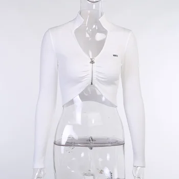 InstaHot v-veida kakla t krekls sieviešu rudens garām piedurknēm krūtīm rāvējslēdzēju ciets balts izdilis kultūraugu top gadījuma stretchy aprīkots tshirt top 2020