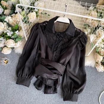 Rudens Krekls Sievietēm Jaunā Modes Izšūti Dobi Plānas garām Piedurknēm Topi Dāma vienkrāsainu, Elegants Apģērbs Blūze P980