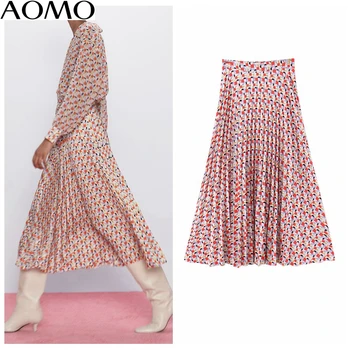 AOMO modes sieviešu drukāt kroku midi svārki faldas mujer vintage sānu rāvējslēdzējs biroja dāmas elegants šiks vidum teļš svārki SL82A