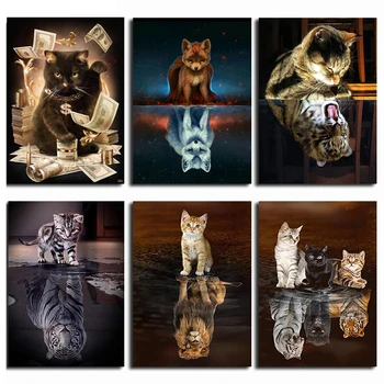 Dimanta Izšuvumi Kaķis Pārdomas Dzīvniekiem DIY 5D Dimanta Glezna Krustdūrienā Pilnu Kvadrātveida Treniņi Rhinestones Krāsošana Attēlu