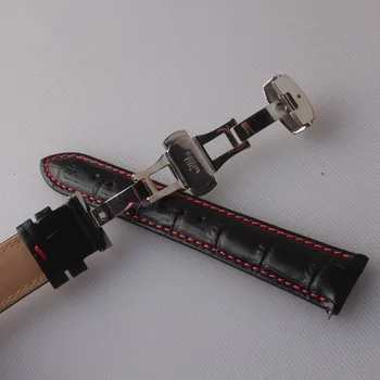 Veicināšanas Watchband Melna ar sarkano līniju šūtas Pulksteņu Piederumi Pulksteņu band siksna 20mm 22mm Nerūsējošā tērauda Tauriņš sprādzes