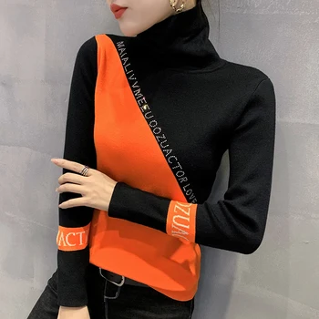 #6243 Savienoti Krāsu Pamata Sieviete, Džemperi, Džemperi Ar Garām Piedurknēm Korejas Modes Trikotāžas Džemperis Dimantu Augstu Uzrullētu Apkakli Džemperis Sievietēm