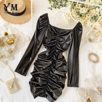 YuooMuoo Ins Modes Satīna Ruched Kleita Sievietēm Sexy Mini Nakts Klubu Kleita Eiropā Style Long Sleeve Black Bodycon Puse Kleita