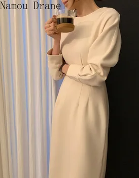 Rudens Ziemas Dāma Biroja Eleganta, Gara Kleita ar garām Piedurknēm O-veida kakla vienkrāsainu Augsta Vidukļa Sieviete Kleita 2020 