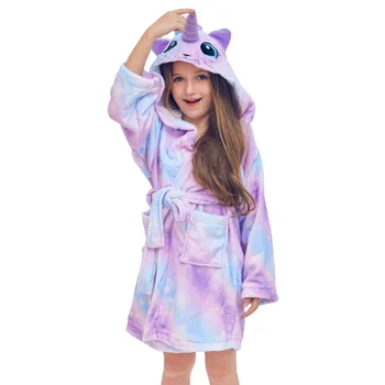 Fioday Jaunas Ziemas Gudrs Varavīksnes Peldmēteļi Meitenēm Pidžamas Unicorn Modeli Kapuci Dvieļu Virves Silts Sleepwear Bērniem