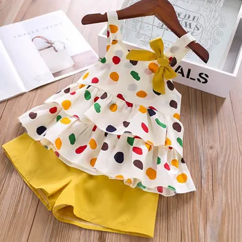 Vasarā Meitenes Apģērbu Komplekts Modes Polka Dot Siksna Dubulto Loku Top + Tīrtoņa Krāsas Bikses, Zīdainis, Mazulis Meiteņu Drēbes