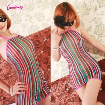 Plus lieluma Sexy Apakšveļa karstā Fishnet Bodysuit All-In-One Milzīgais kleita varavīksnes Krāsas Babydoll Mežģīnes Sundress Slapjš Mini Kleita