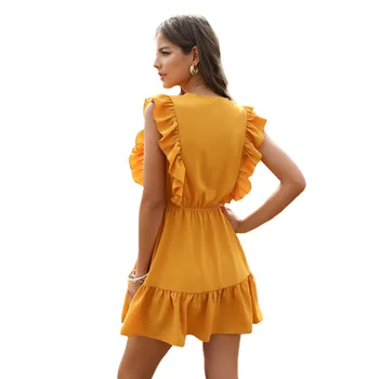 Apģērbu OWLPRINCESS Sieviešu 2020. gada Vasaras Dzeltena V-veida kakla Mežģīņu Burbulis Mežģīnes-up Kleita