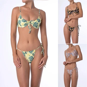 Trīsstūra Linga Sieviešu Peldkostīms Svītru Iespiesti Peldkostīmi Dāmām Loku Augsta Vidukļa Mezgls divdaļīga Sexy Beachwear Mini Bikini Komplekts
