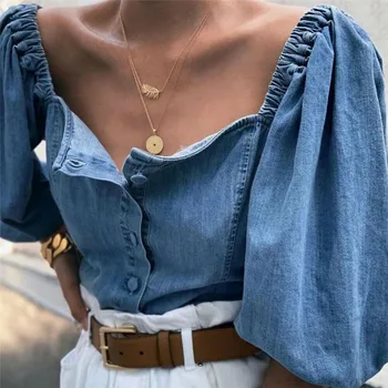 Modes Jaunu 2020. Gadam Sieviešu Džinsa Zilā Pie pleca Krekls Topi Gadījuma Pusi piedurknes Elastīga Vaļēju Pogu, Drēbes Sieviešu Stilīgs Vasaras