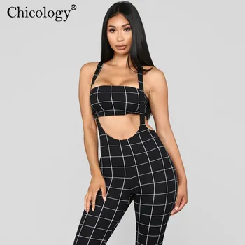 Chicology pleds stretchy (dungriņi) jumpsuit kultūraugu top sexy 2 divas gabals, kas sievietēm 2020. gadam drēbes lady club tērpiem modes streetwear