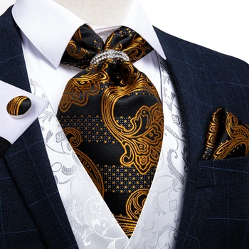 Vīriešu Luksus Zīda Ascot Tie Komplekts Vīriešiem Zelta Paisley Black Cravat Saites Lakatiņu Tie Zelta Gredzens Komplekti, Kāzu Oficiālu Zeķubikses DiBanGu