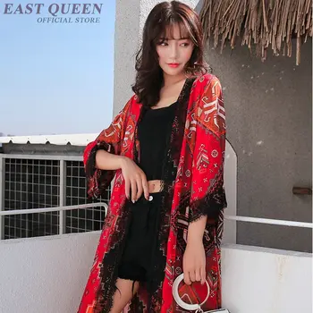 Sarkanā beachwear kimono jaka sauļošanās boho šiks sievišķīga blūze meksikas drukāt sieviešu topi vasaras 2019 garš krekls sieviešu AA4820