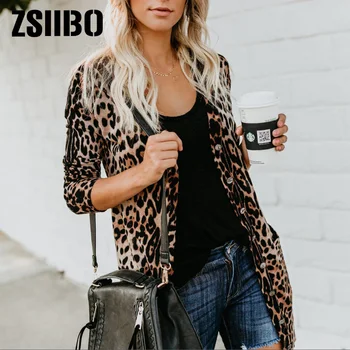 Sieviešu Leopards Izdrukāt Jakas Blūze, Krekls 2020. Gada Rudenī ar garām Piedurknēm Top Viegls Pogu uz Leju Jakas Kabatas kimono