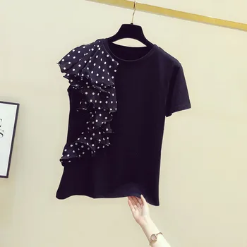Polka Dot Mežģīņu T-krekls Sieviešu Izšūšanas 2020. Gada Vasarā Jaunu Īsām piedurknēm korejas T-krekli Nelegālo Zaudēt Dāmas Apaļu Kakla Topi