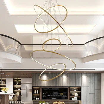 150cm Zelta luksusa ēdamistaba lampas duplex villa kāpnes liela lustra, riņķa formas augsta dzīvojamā istaba lampas