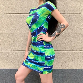 E-meitene Punk kaklasaišu krāsošanas Svītrainām Gadījuma Mini Kleitas Y2K Vasaras O-veida kakla Īsām Piedurknēm Bodycon Zaļo Kleitu Modes Streetwear