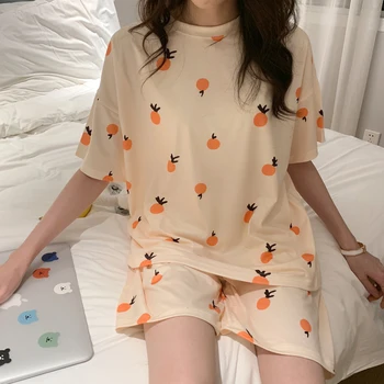 Gudrs Apelsīnu Augļu Drukāt Vasaras Pidžamas Komplekts Sievietēm, Meitenēm ar garām Piedurknēm Zaudēt Gadījuma Sleepwear T-Krekli un Bikses, Pjs Homewear