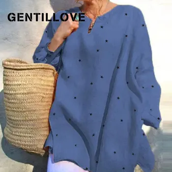 Gentillove Elegants ar garām Piedurknēm, V veida Kakla Zvaigznes Drukāt Mīksti Topi un Blūzes Sieviešu 2020 Jaunu Gadījuma Lielgabarīta Krekls Dāmas Apģērbs