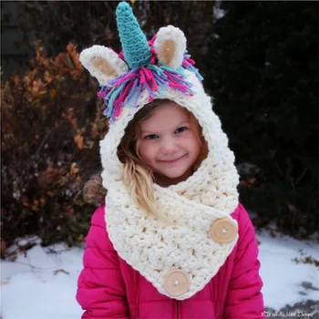Modes Unicorn cepure un šalle šalle meitenēm, trikotāžas-adītas siltas ziemas, galvas un kakla aksesuāri chrismas jaunā gada dāvana bērniem