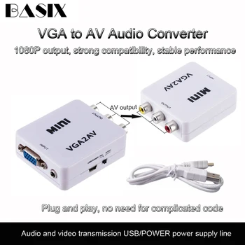 Basix 1080P VGA Uz RCA AV Converter, ar 3,5 mm Audio VGA2AV/CVBS Adapteri PC HD TV Pārvērst NTSC PAL SXGA Vga, Lai AV Kabelis