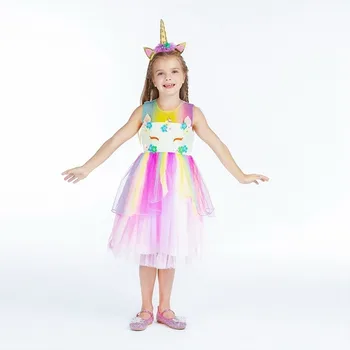 Purima Varavīksnes Vienradzis Saģērbt Meiteņu Deju Bumbu Princess Dress Birthday Party Dāvanu Halloween Cosplay Kostīms ar Unicron Galvas stīpa