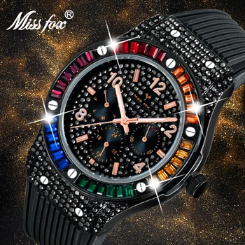 MISSFOX Black Atdzist Modes Skatīties Vīriešu Luksusa Laukumā Krāsu Dimanta Chronograph Watch Gumijas Siksniņu, Siksniņa Kvarca Pulkstenis Ūdensizturīgs
