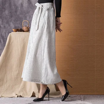 Qiukichonson Rāmijas Sieviešu Svītru Plaša Kāju Bikses 2019 Jaunu Modes Mežģīnes Up Vintage Augsta Vidukļa Kapri Bikses Gadījuma Plus Lieluma Bikses