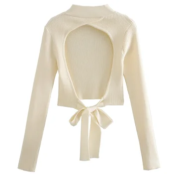 TRAF Ｗomen Augsta Kakla Sexy Īss Džemperis Ir 2021. Modes Sadalīt Dizains Pavada Jostas Apdare ar garām Piedurknēm Džemperis Streetwear