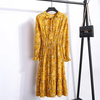 Korejiešu versija, melns krekls biroja polka dot retro rudens kleita dāmas kleita Pring 2020. Gadam Midi ziedu garām piedurknēm dressh0029