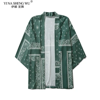 Zaļā Indijas Ziedu Drukāt Kimono Vīrieši Sievietes Japāņu Stila Tradicionālo Jaciņa Yukata Streetwear Haori Drēbes Pludmales Krekls, Mētelis