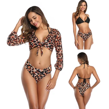 Sieviešu Seksīgi Peldkostīmi Bikini Komplekts Leopards Trīs-Gabalu Sadalīt Peldkostīms Polsterēta Wirefree Strappy Uz Augšu, Beachwear Mikro Peldkostīmu