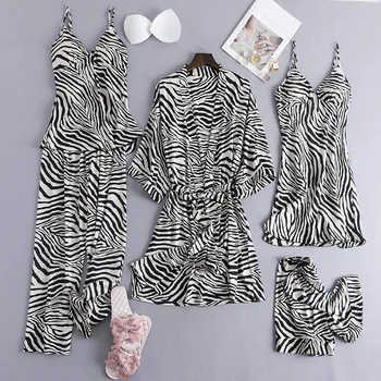 Fiklyc apakšveļa 5 gabalus, sexy zebra stila sieviešu mākslīgās zīda pidžamas komplekti, polsterēta krūtīs sieviešu garām piedurknēm vasaras naktsveļu kostīmi