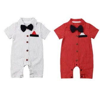 Baby Boy Romper Toddler Jaundzimušo Vasaras Īsām Piedurknēm Kungi Bowtie Sarkanā Baltā Svītrainām Jumpsuit Apģērbs, Apģērbs Apģērbs 2019