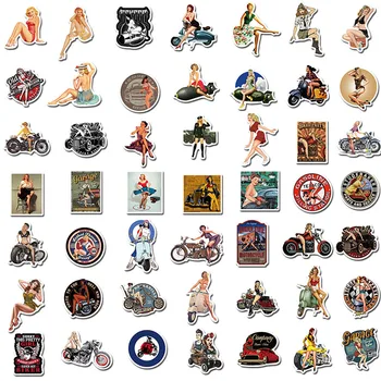 100GAB Vintage Motociklu Meitene Retro Karikatūra Uzlīmes Motociklu Klēpjdatoru Bagāžas Skeitborda Atdzist DIY Ūdensnoturīgas Uzlīmes