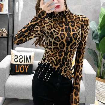 Elegante Plus Lieluma Modes Topi Sievietēm ar garām Piedurknēm, Leoparda Blūze augstu uzrullētu apkakli Krekls Dāmas OLA Puse Top Streetwear Blusas 7704 50