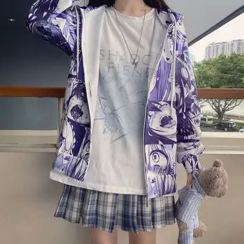 HOUZHOU Anime pelēkā vārna Sievietēm, Hoodies Rudens Modes Harajuku Zip Up pelēkā vārna korejiešu Stilā, Streetwear garām Piedurknēm Krekls Sievietēm
