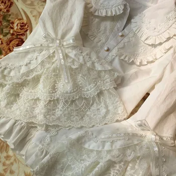 Vintage Baltās Mežģīņu Kokvilnas Blūze Dāmām Classic Lolita Princese Kostīmu Slim Aprīkots Kreklu Pogu 3/4 Bell Slāni Piedurknēm Augšu