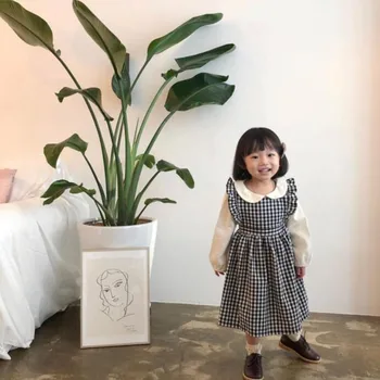 Korejas Toddler Meitenes Kleita Bērnu Rudens Lina Kleita Cute Kids Bez Piedurknēm Griezt Kleita Sping Kritumu Pārbauda Savirmot Piedurknēm Tutu
