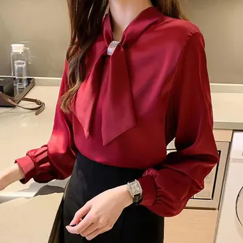 Ir 2021. Jaunā Pavasara Rudens Top Sieviešu Šifona Kreklu Modes Loku Apkakles Pilna Garuma Laternu Piedurknēm tīrtoņa Krāsu Mājīgu Sieviešu Blūze