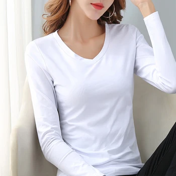 Kokvilnas Cietā T-krekls Sievietēm ar V-veida kakla Balts T krekls ar garām Piedurknēm Pavasarī Topi Tee Gadījuma Zemāko Plus Izmērs S-3XL футболка T01303B