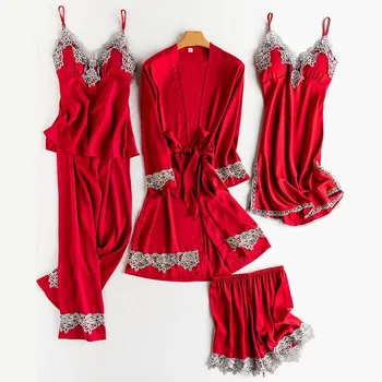 Līgavas 5GAB Tērpu Komplekts Sievietēm Satīna Mežģīnes Apdari Peldmētelis Kimono Kleita Seksīga Kāzu Līgavas Sleepwear Uzvalks Gadījuma V-veida Kakla Naktskrekls