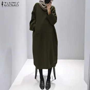 Stilīgs Hoodies Kleita Sieviešu Rudens Maxi Sundress ZANZEA ir 2021. Gadījuma Priekšpusē Kabatas Krekls Vestidos Sieviete Cieta Mantija, Negabarīta