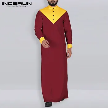 INCERUN Vīriešiem Vintage Islāma Musulmaņu Kaftan Stand Apkakli Halāti Jubba Thobe Retro garām Piedurknēm Krāsa-bloķēt Vīriešiem Indijas Apģērbu S-5XL