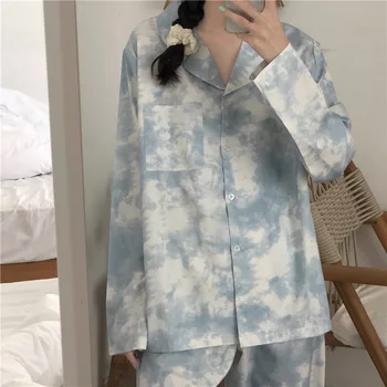 Sleepwear Sieviešu Uzvalks Rudens/pavasara/vasaras Debesis Zilas Kaklasaites krāsu Iespiests Pidžamu korejiešu Stilā 2020 