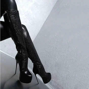 Sākotnējais Nodoms Jaunu Stilīgu Snakeskin Melnas Platformas Zābaki Sieviete, Super Seksīga Un Ceļa Augstpapēžu Zābaki Plānas Augstiem Papēžiem Kurpes Sieviete
