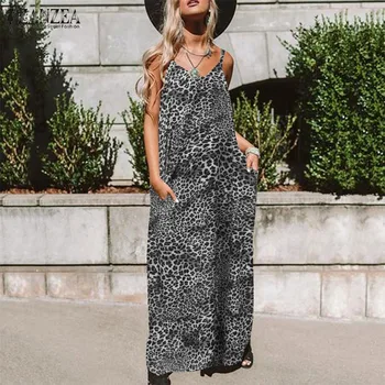 Spageti Siksnas, Leoparda Kleita ZANZEA ir 2021. Sieviešu Drukāt Sundress Modes V-veida Kakla Vasaras Garā Kleita Plus Size Drēbes bez Piedurknēm 7
