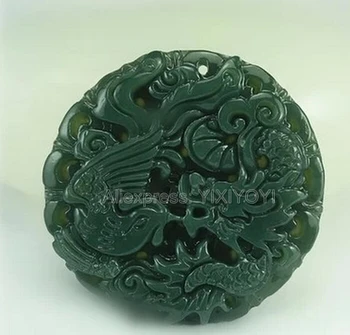 Skaisti Dabas Zaļā HeTian Jade Cirsts Ķīniešu Dragon Phoenix Amuletu Laimīgs Kulons + Bezmaksas Kaklarota Sertifikātu Smalkas Rotaslietas