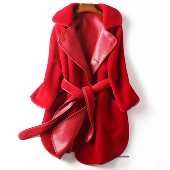 Melna/sarkana Ziemas dabīgās Kažokādas Kažoku, Sieviešu Apģērbu 2020. gadam, bieza, silta Ādas Jaka Vilnas, Kažokādu Mēteļi Double-sided Valkāt Manteau Femme P5